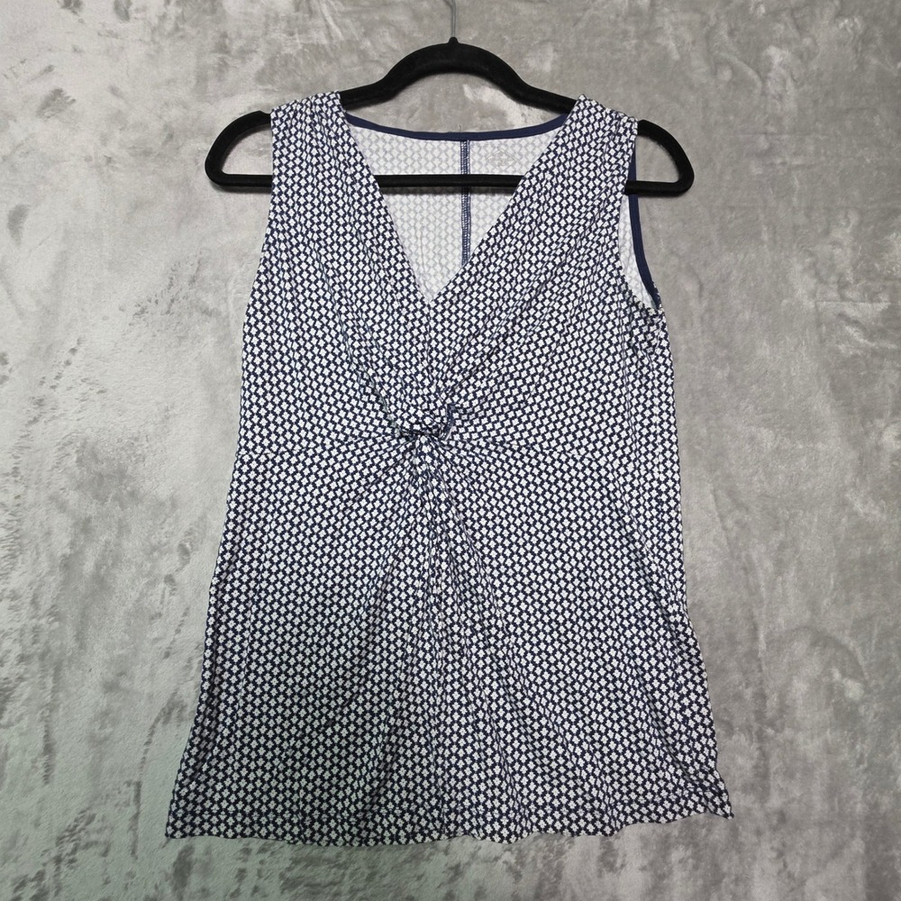 St Johns Bay Womens Small Navy Blue White Geometric Twist Front V Neck Tank Top